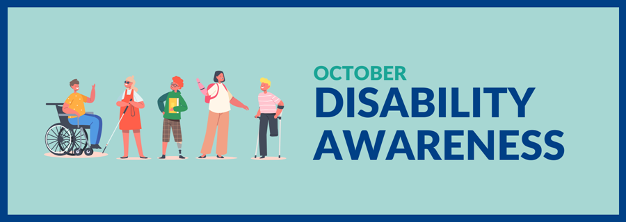 Illustration of diverse individuals with disabilities and text ‘October Disability Awareness’ on a teal background.