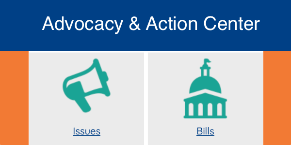 Advocacy & Action Center banner with icons for ‘Issues’ (a teal megaphone) and ‘Bills’ (a teal government building dome), highlighting tools for legislative advocacy and issue tracking