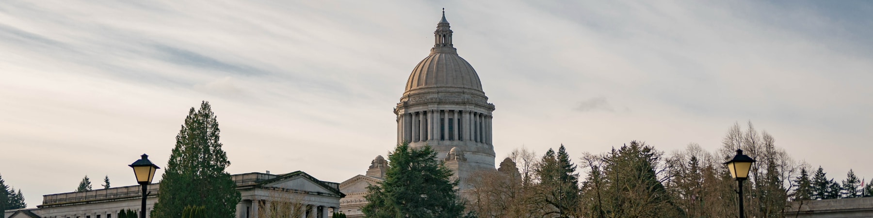 A panoramic view of the Washington State Capitol building on a cloudy day, surrounded by trees and historic buildings, with street lamps in the foreground.