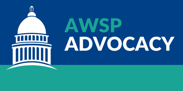 AWSP Advocacy logo featuring a white dome symbolizing government on a blue background, with the words ‘AWSP Advocacy’ in bold white and teal letters, representing legislative advocacy efforts